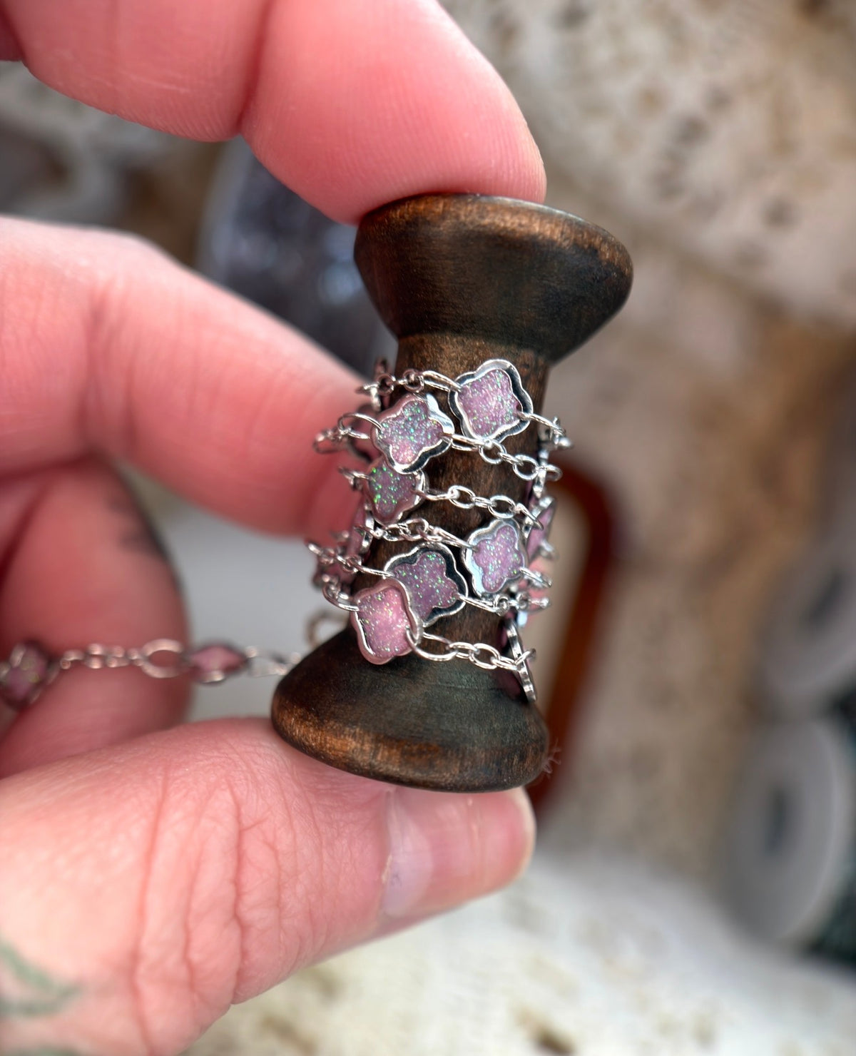 The Reese Pink Clover Chain | Stainless Silver