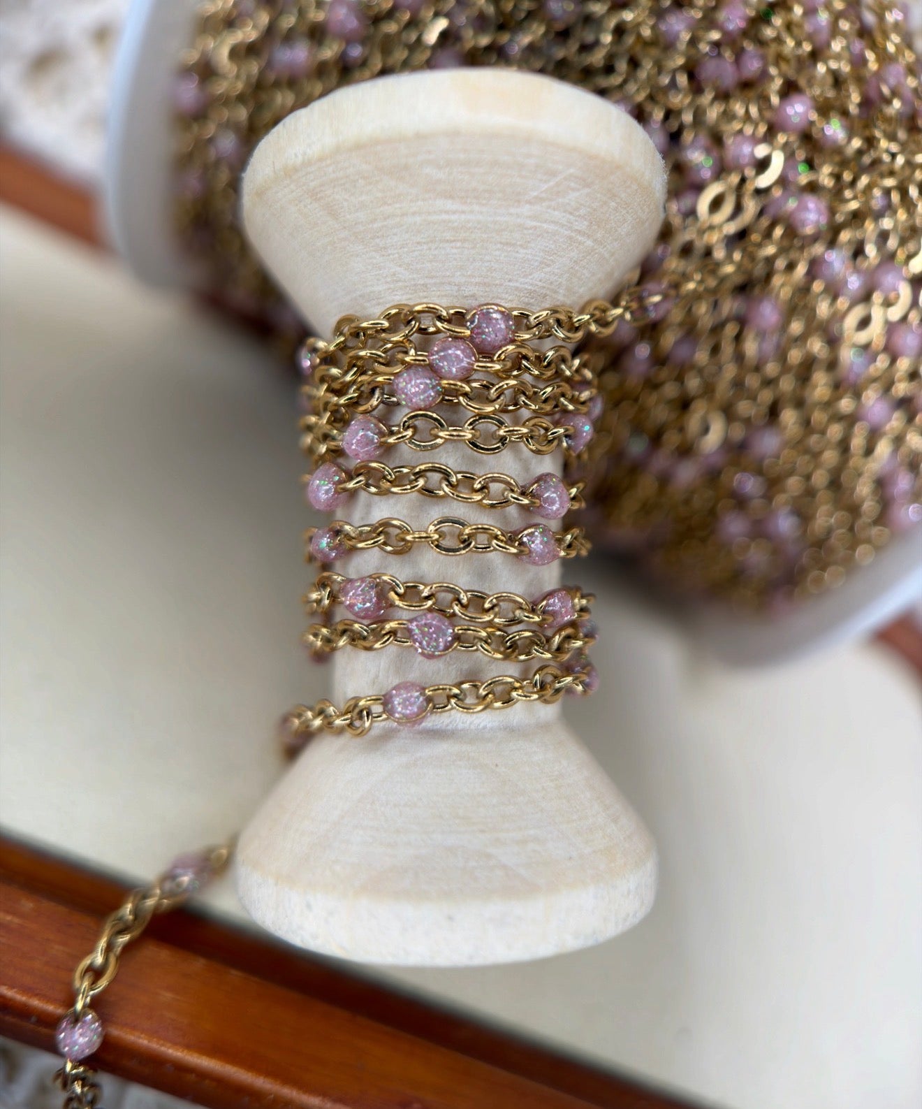 Desert Rose Opal | 14K PVD Gold Iridescent Pink Opal Satellite Chain