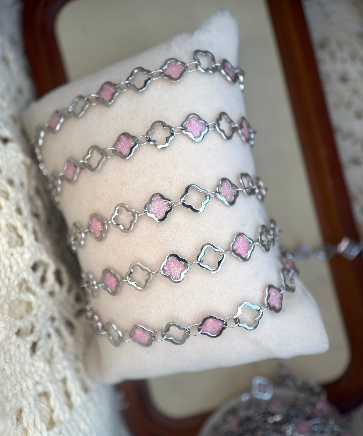 The Reese Pink Clover Chain | Stainless Silver