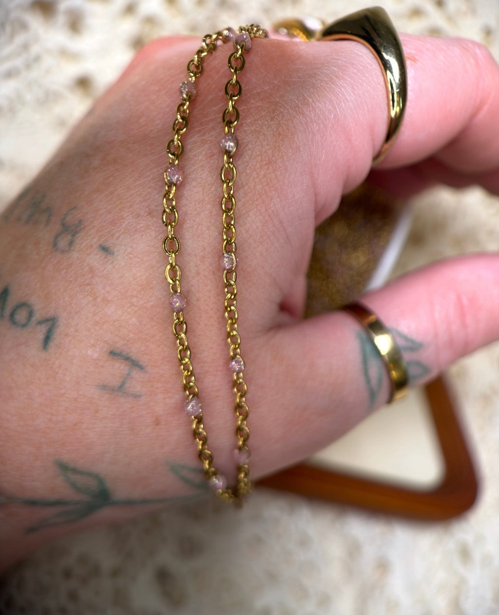 Desert Rose Opal | 14K PVD Gold Iridescent Pink Opal Satellite Chain