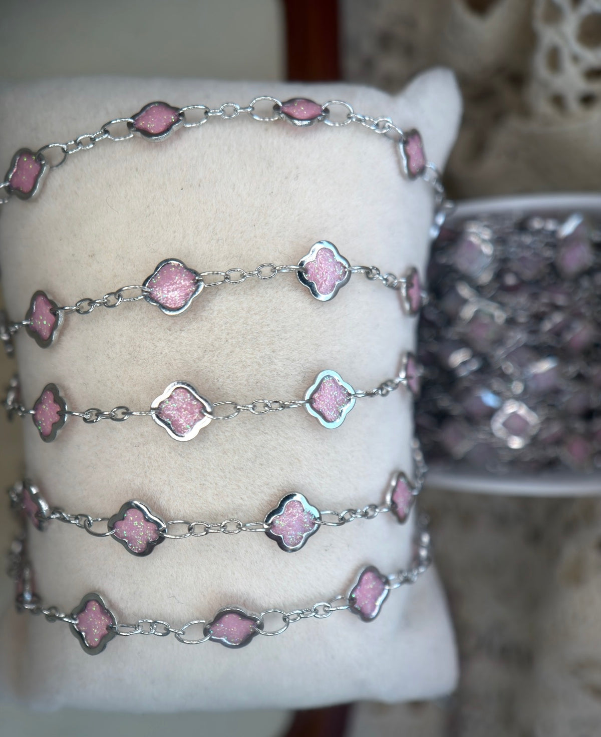 The Reese Pink Clover Chain | Stainless Silver