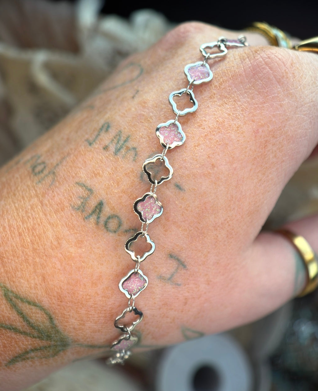 The Reese Pink Clover Chain | Stainless Silver