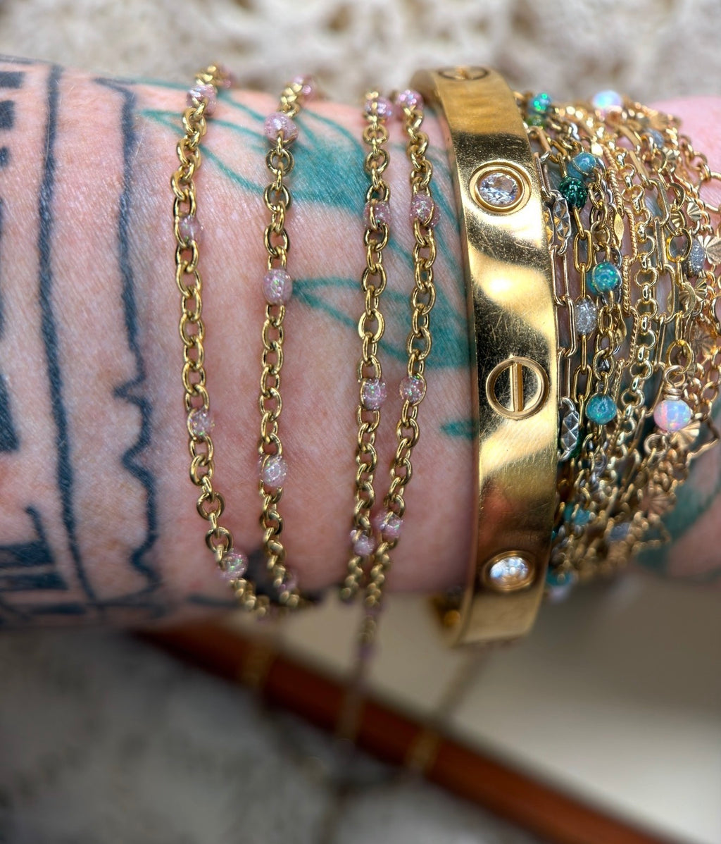 Desert Rose Opal | 14K PVD Gold Iridescent Pink Opal Satellite Chain