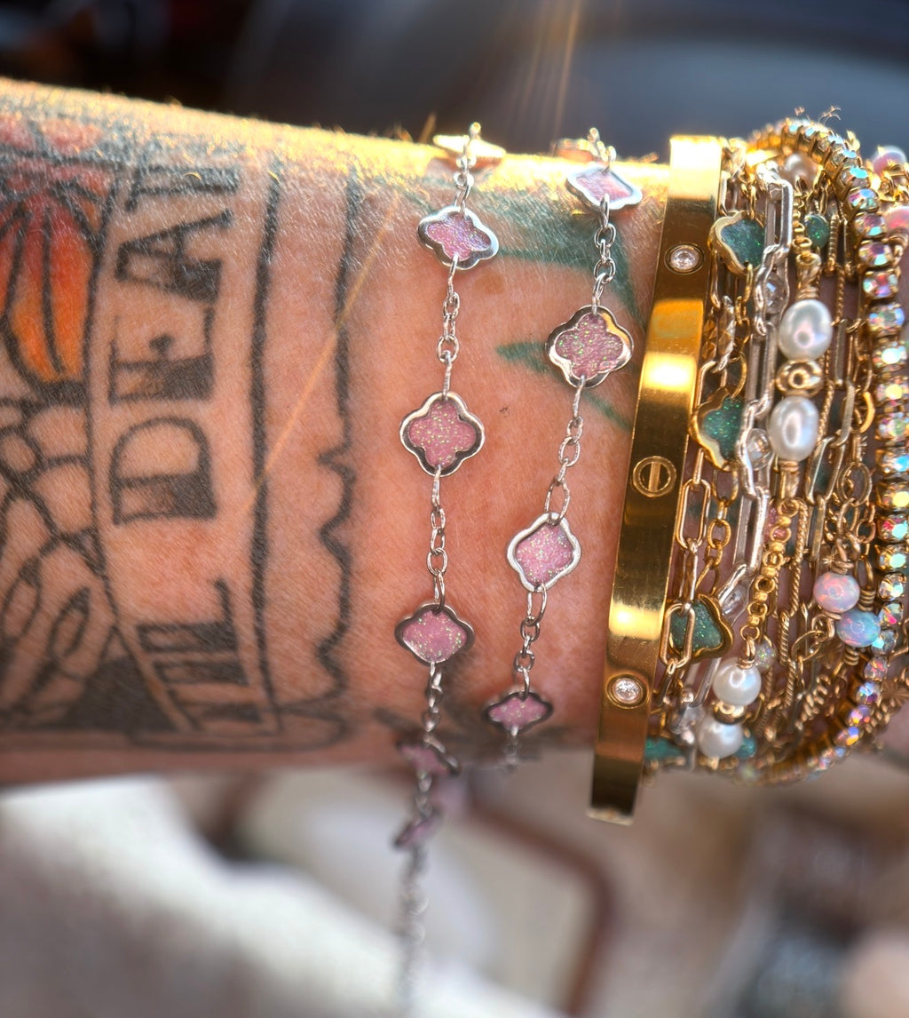The Reese Pink Clover Chain | Stainless Silver