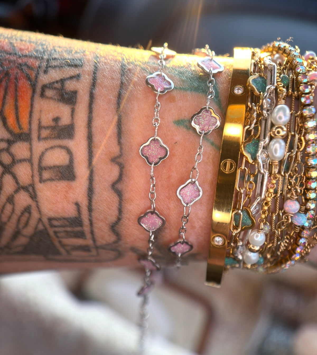 The Reese Pink Clover Chain | Stainless Silver