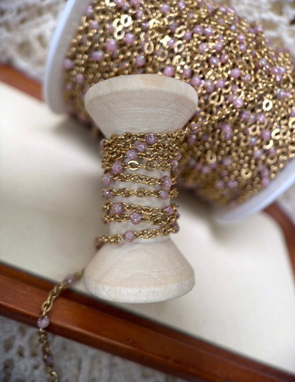 Desert Rose Opal | 14K PVD Gold Iridescent Pink Opal Satellite Chain