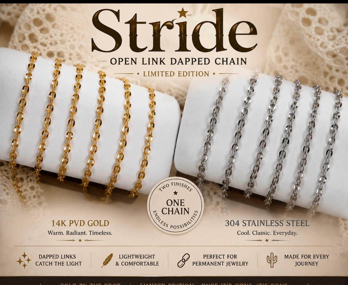 Stride | Open Link Dapped Chain

Available in 14K PVD Gold & 304 Stainless Steel