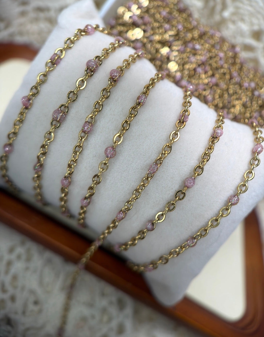 Desert Rose Opal | 14K PVD Gold Iridescent Pink Opal Satellite Chain