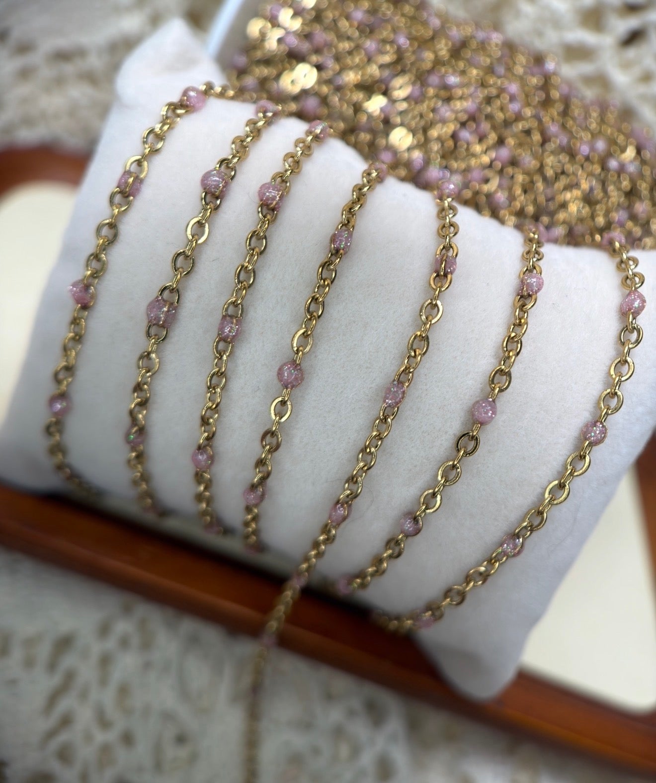 Desert Rose Opal | 14K PVD Gold Iridescent Pink Opal Satellite Chain