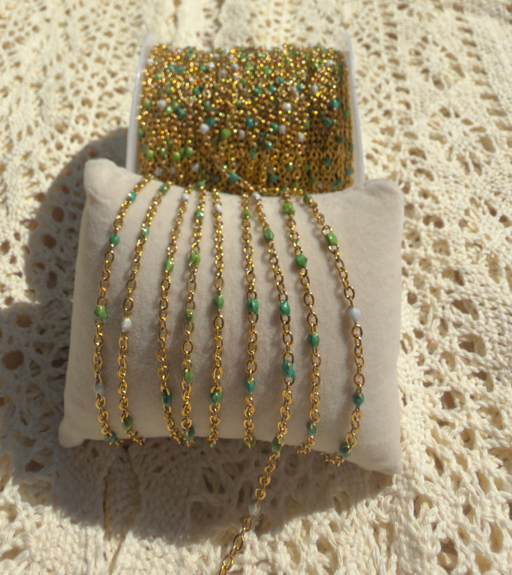 Emerald Mist | Iridescent Green Enamel Chain | 14K PVD Gold & Stainless Silver