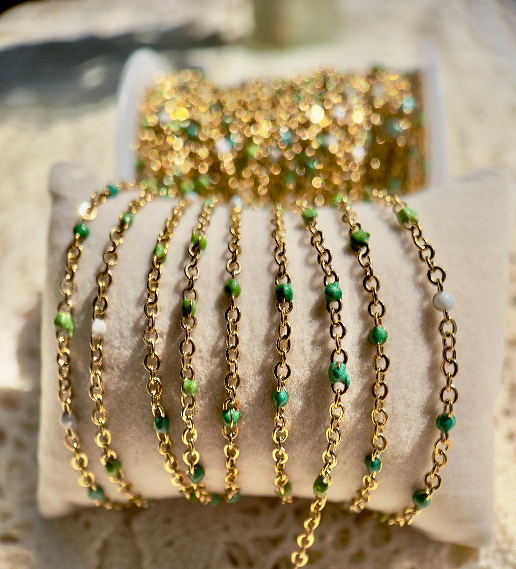 Emerald Mist | Iridescent Green Enamel Chain | 14K PVD Gold & Stainless Silver