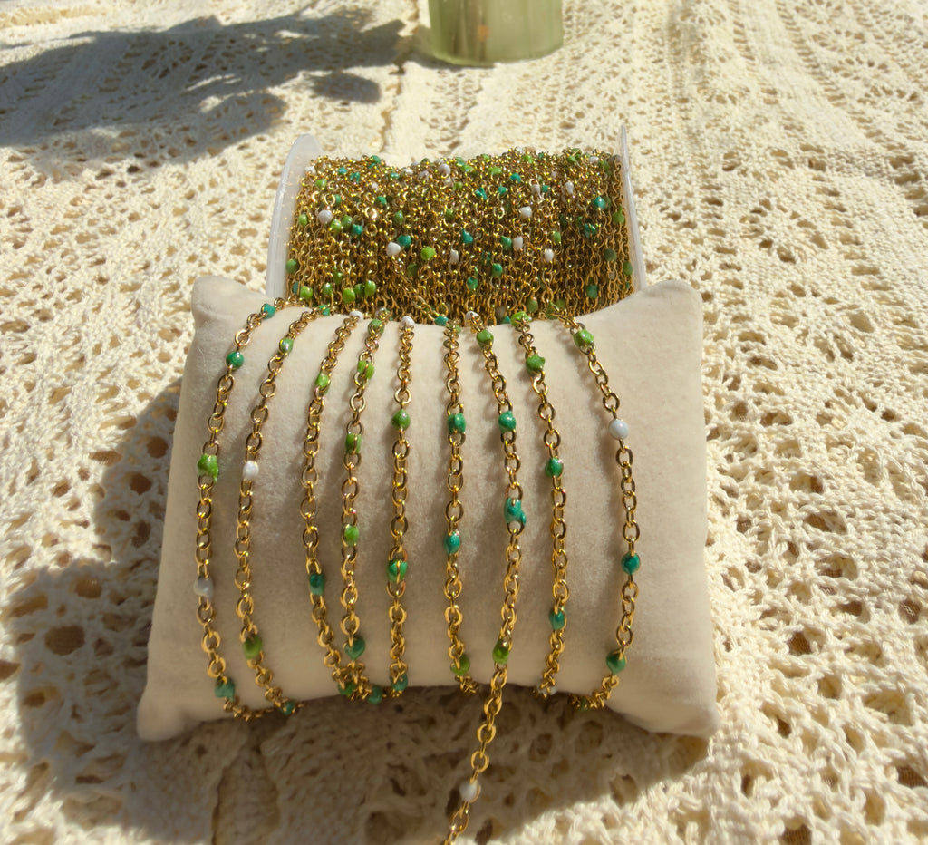 Emerald Mist | Iridescent Green Enamel Chain | 14K PVD Gold & Stainless Silver