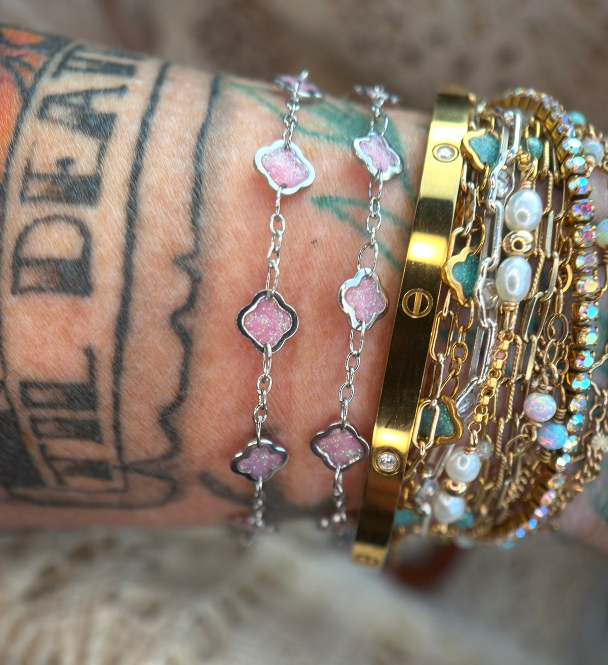 The Reese Pink Clover Chain | Stainless Silver