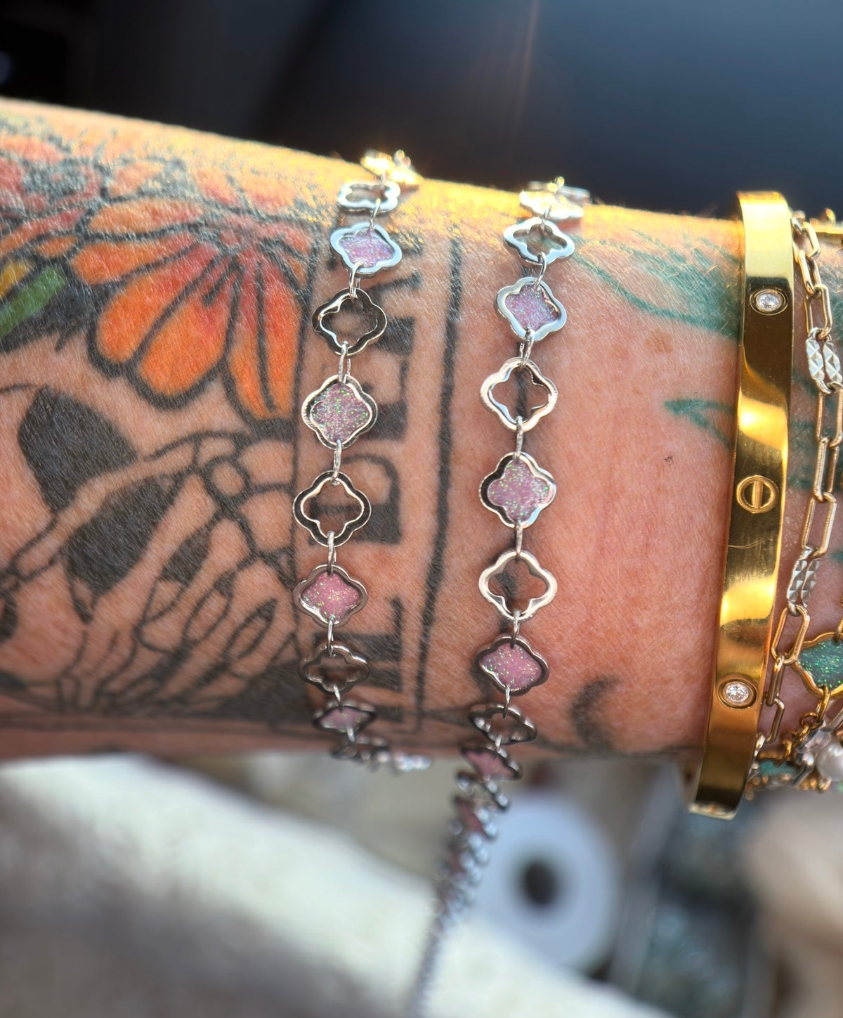 The Reese Pink Clover Chain | Stainless Silver