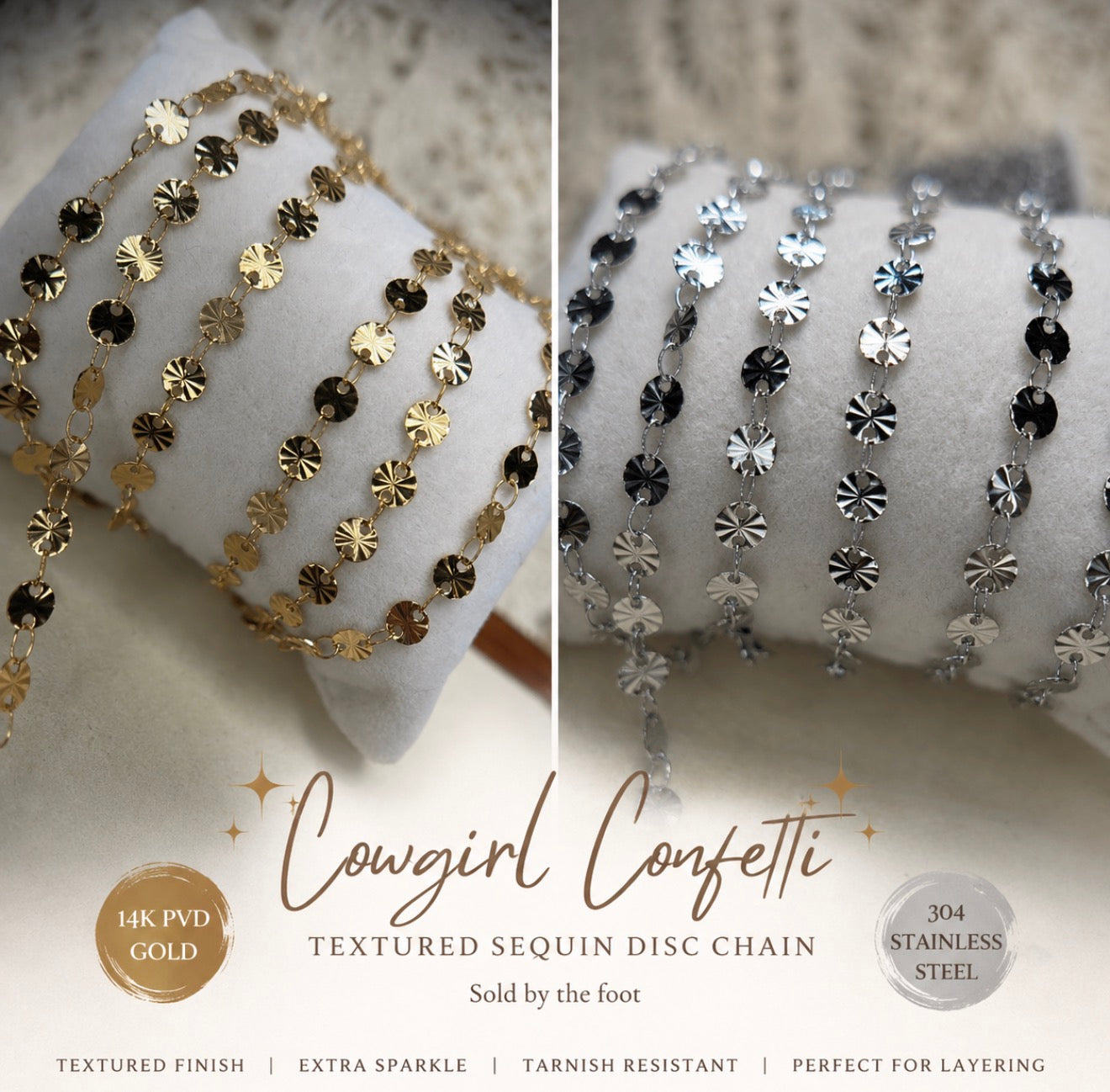 🤠 Cowgirl Confetti | Textured Sequin Disc Chain | 14K PVD Gold & 304 Stainless Steel