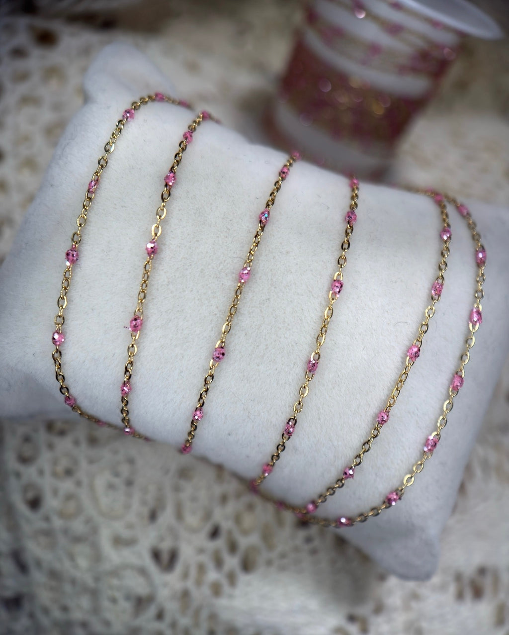 Barbie Pink Enamel | Dainty PVD Gold Satellite Chain