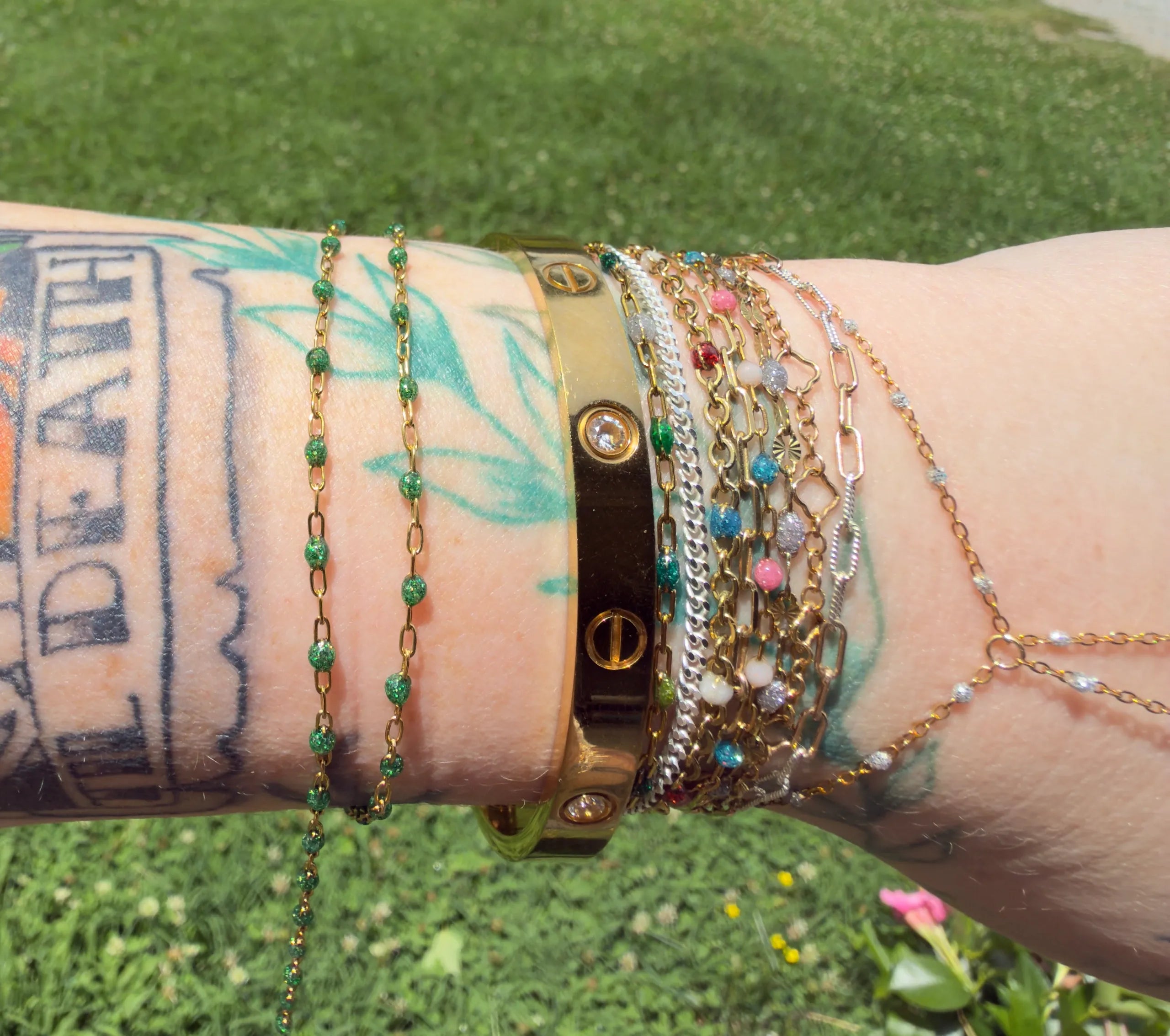 Sparkly Forest Jewel | 14k PVD Gold Satellite Chain