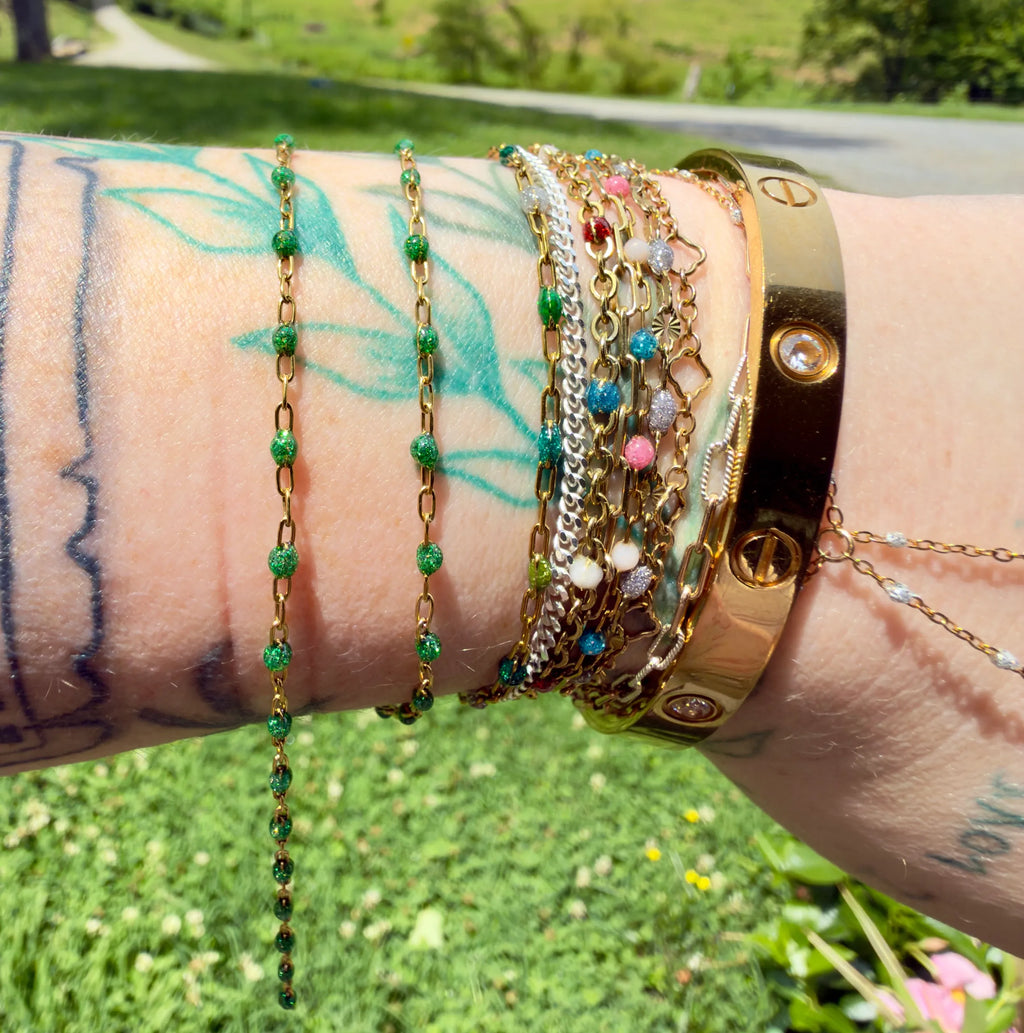 Sparkly Forest Jewel | 14k PVD Gold Satellite Chain