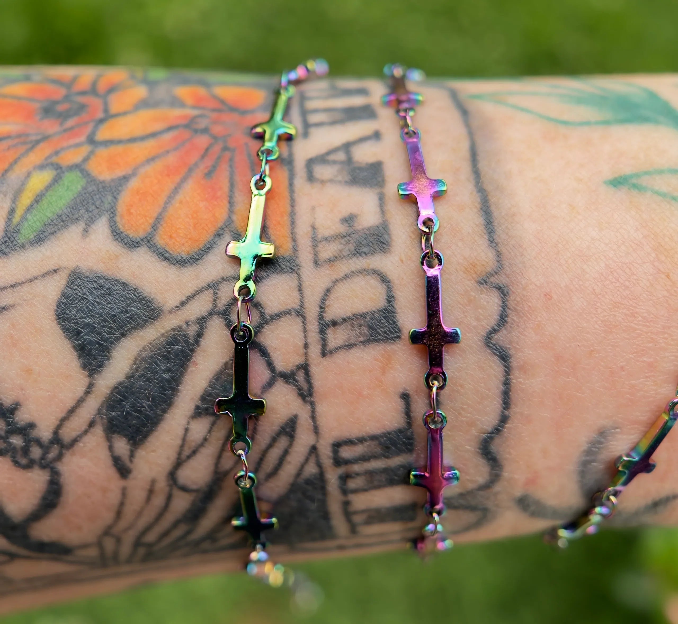 Iridescent Stainless Steel Cross Chain
