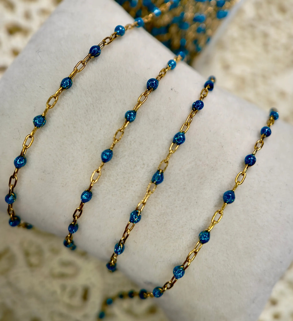 Sapphire Blue Enamel | 14k PVD Gold Paper Clip Chain
