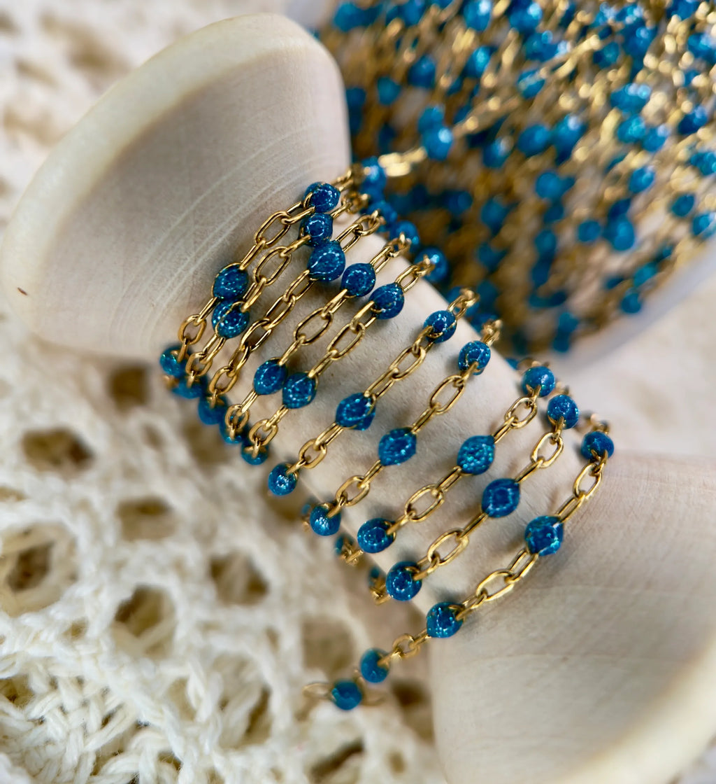 Sapphire Blue Enamel | 14k PVD Gold Paper Clip Chain