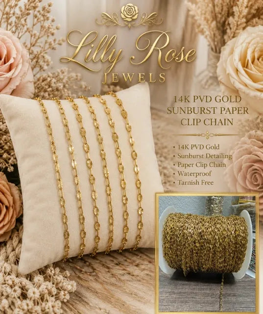 14k PVD Gold & 316 Stainless Steel Sunburst Paper Clip 1:1 Chain