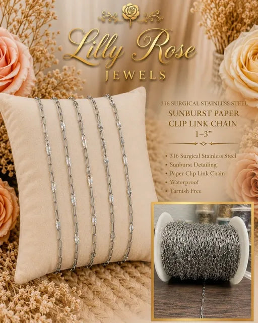 ✨ The Lilly Rose Luxe Sunburst Paperclip ✨
14K PVD Gold & 316L Surgical Stainless Steel | 1:3 Chain